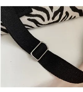 Detail of adjustable black woven strap with polished silver metal buckle on striped bag