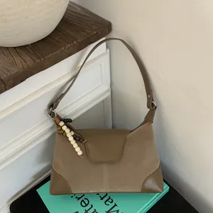 Women's Minimalist Suede Patchwork Shoulder Bag Retro Commuter Crossbody Handbag With Beads Pendant Fashion Satchel Purse