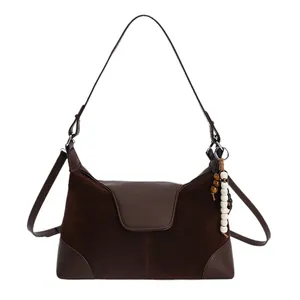 Minimalist faux suede stitching small square handbag in dark coffee for women