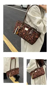 Detailed views of leopard print tote bag with gold logo plaque and beaded charm accessory