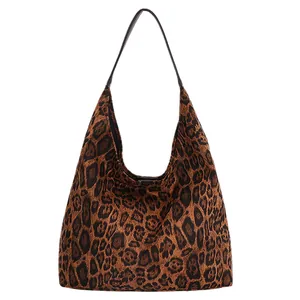 Vintage leopard print hobo tote bag with large capacity and black shoulder strap