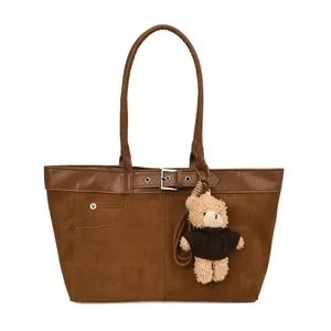 Retro brown large capacity tote bag with bear charm and polished leather trim handles