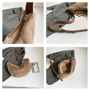 Détails du sac demi-lune en peluche avec bandoulière réglable et fermeture éclair fiable