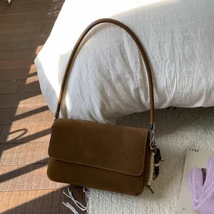 Women Retro Suede-Like PU Leather Crossbody Bag Large Capacity Shoulder Armpit Bag Minimalist Small Square Bag With Beaded Pendant