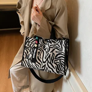 Japanese Style Striped Canvas Tote Bag For Women Fashion Floral Print Shoulder Bag Large Capacity Commute Crossbody Handbag