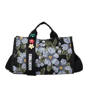 Chic floral canvas tote bag with striped pattern and decorative GOODTIMES strap