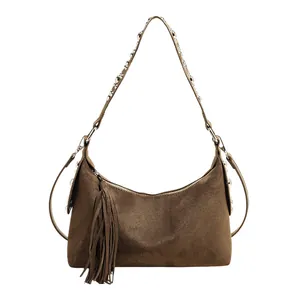Vintage brown frosted leather hobo bag with fringe tassel and silver studded shoulder strap