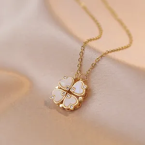 Collana Magnetica Con Trifoglio E Cuori Per Donna Acciaio Al Titanio Madreperla Zircone Design Reversibile