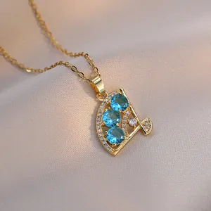 Collier Pendentif En Forme D Éventail Acier Titane Zircon Bleu Évidé Strass Élégant Bijoux Mode Pour Femmes