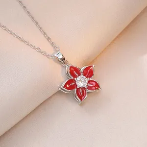 Red enamel flower necklace with zircon center on silver chain for women