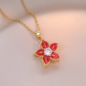 Elegant gold-plated red enamel flower necklace with sparkling zircon center stone