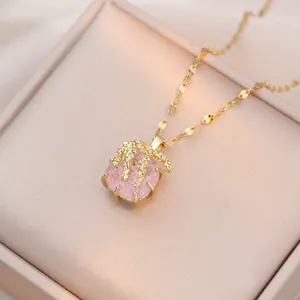 Elegante Titanstahl Halskette Mit Rosa Zirkonia Blume Anhänger Für Damen Leichte Luxus Mattierte Blumen Schlüsselbein Kette