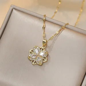 Flower Pendant Necklace Stainless Steel White Zircon Elegant Fashion Jewelry For Women
