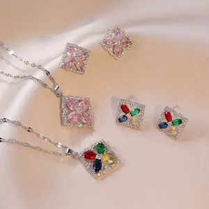 Clover Flower Pendant Necklace And Earrings Zirconia Stainless Steel Hollow Square Jewelry For Women Trendy Fashion
