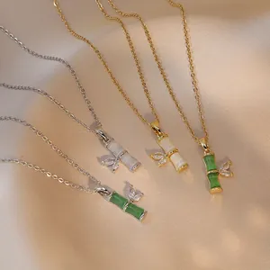 Vintage Bamboe Knoop Hanger Ketting Titanium Staal Met Zirkoon Blad En Synthetische Kattenoog Steen Voor Dames Mode