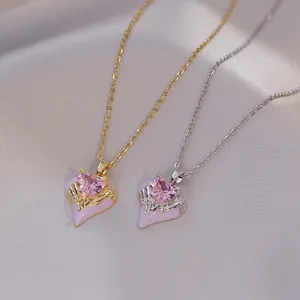 Edelstahl Herz Anhänger Halskette Rosa Kristallglas Emaille Romantische Mode Schmuck Für Damen Valentinstag Geschenk
