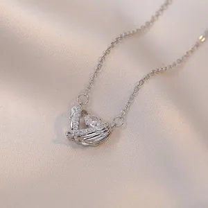 Fashion Stainless Steel Guardian Wings Heart Pendant Necklace With Pear Shaped Zirconia Elegant Jewelry For Women Daily Wear