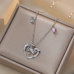 Collier Pendentif Cœur Acier Titane Zircon Rose Nœud Chaîne Fine Pour Femme Bijoux Romantiques Esthétiques Sucrés