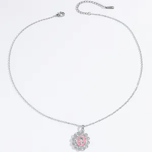 French style silver stainless steel necklace with pink rose flower enamel pendant