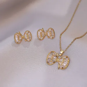 Schmetterling Bogen Anhänger Halskette Ohrring Titanstahl Zirkon Eingelegt Voll Diamant Schlüsselbein Kette Damen Schick Schmuck