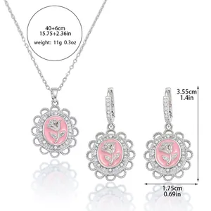 French style floral jewelry set with pink rose enamel pendant necklace and earrings