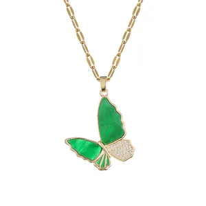 Butterfly Pendant Necklace Stainless Steel Green Rhinestone Clavicle Chain Elegant Fashion Jewelry For Women