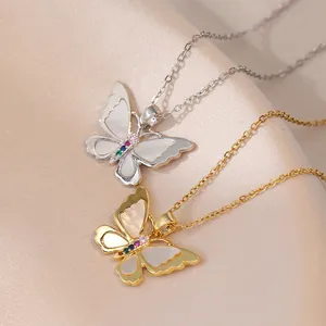 Collana Pendente Farfalla Acciaio Inossidabile Madreperla Zirconia Multicolore Catena Clavicola Per Donna Gioielli Moda