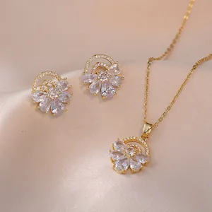 Elegant Flower Pendant Necklace And Earrings Set Gold Plated Stainless Steel Water Drop Zircon Dainty Jewelry For Women