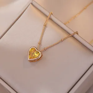 Herz Anhänger Halskette Titanstahl Eingelegt Zitronengelb Zirkon Minimalistischer Eleganter Schmuck Für Damen