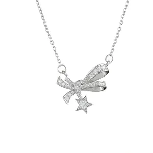 Bowknot Stern Anhänger Halskette Glänzende Zirkonia Titanstahl Mode Schlüsselbein Kette Schmuck Elegantes Accessoire Für Damen
