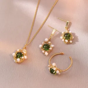 Collana Orecchini Anello Nido Uccello Retro Acciaio Titanio Gemma Verde Perla Acqua Dolce Gioielli Eleganti Donne