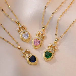 Collier Pendentif Coeur Design Couronne Zircone Incrusté Acier Titane Plaqué Or Bijoux Élégants Pour Femmes