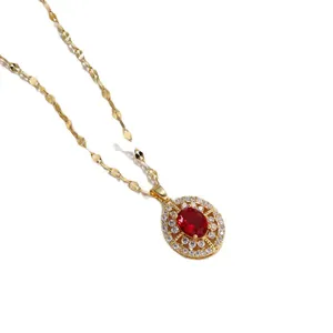 Titanium steel necklace with oval red gemstone pendant and sparkling crystal halo