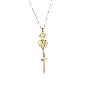 Golden heart and dagger pendant necklace with 45+5cm chain for women stylish neck jewelry