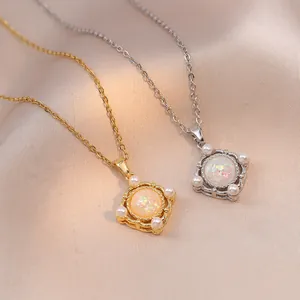 Collar Con Colgante Cuadrado Retro Para Mujer Joyas De Acero De Titanio Con Ópalo Simulado Y Perlas Artificiales