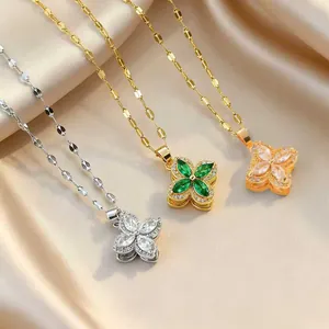 Collane in acciaio inossidabile con fiori rotanti in zircone in oro, argento e oro rosa