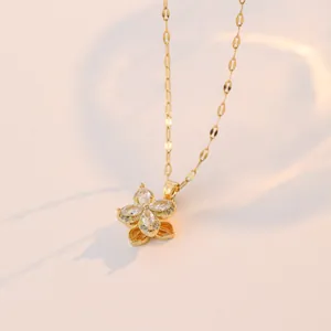 Collana a fiore dorato rotante con petali di zircone e catena in acciaio inossidabile