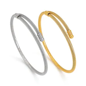 Minimalist Stainless Steel Twisted Cable Open Bangle Bracelet Gold Silver Plated Spiral Wire Cuff Jewelry For Women