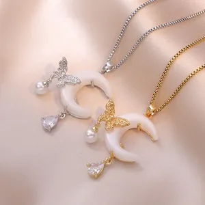 Mond Schmetterling Anhänger Halskette Edelstahl Mondstein Künstliche Perle Zirkonia Schmuck Für Damen