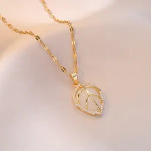 Leaf Pendant Necklace Titanium Steel With Zircon And White Cat Eye Stone Elegant Gold Color Fashion Jewelry For Women