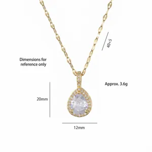 Gold water drop zircon pendant necklace with leaf chain and 40+5cm length dimensions