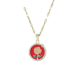 Elegant gold chain necklace with round rose flower pendant and zircon stone border