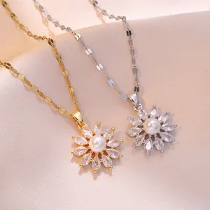 Sunflower Pendant Necklace Titanium Steel Cubic Zirconia Artificial Pearl Inlaid Minimalist Fashion Jewelry For Women