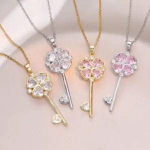 Collier Pendentif Clé Acier Titane Coeur Trèfle Quatre Feuilles Zircon Bijoux Mode Élégants Femme