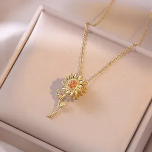Collier Pendentif Tournesol Rotatif Acier Inoxydable Avec Zircon Orange Blanc Bijoux De Mode Pour Femmes