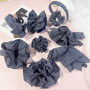 Korean Style Navy Blue Gingham Hair Accessories Set Fabric Bow Hair Clip Large Scrunchie Headband For Women Elegant Hair Decoration