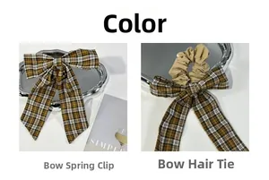 Detail of vintage plaid bow hair clip and scrunchie set on a decorative silver tray