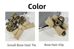 Close-up of yellow plaid bow scrunchie and hair claw clip on white textured background