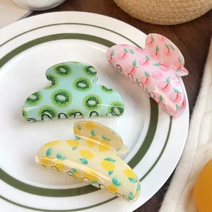 Women Fresh Sweet Fruit Print Hair Claw Clips PVC Shark Clip Peach Lemon Kiwi Pattern Large Hair Catch Barrettes Accessories