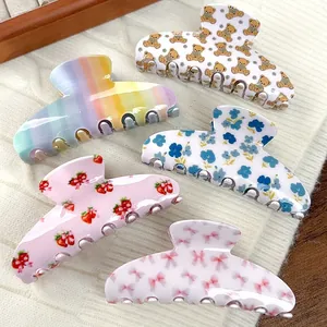Damen Süßes Blumen Haarklammer Niedlicher Cartoon Bär Schleife Erdbeere Muster Große Haarkralle PVC Haarschmuck Styling Haarnadel